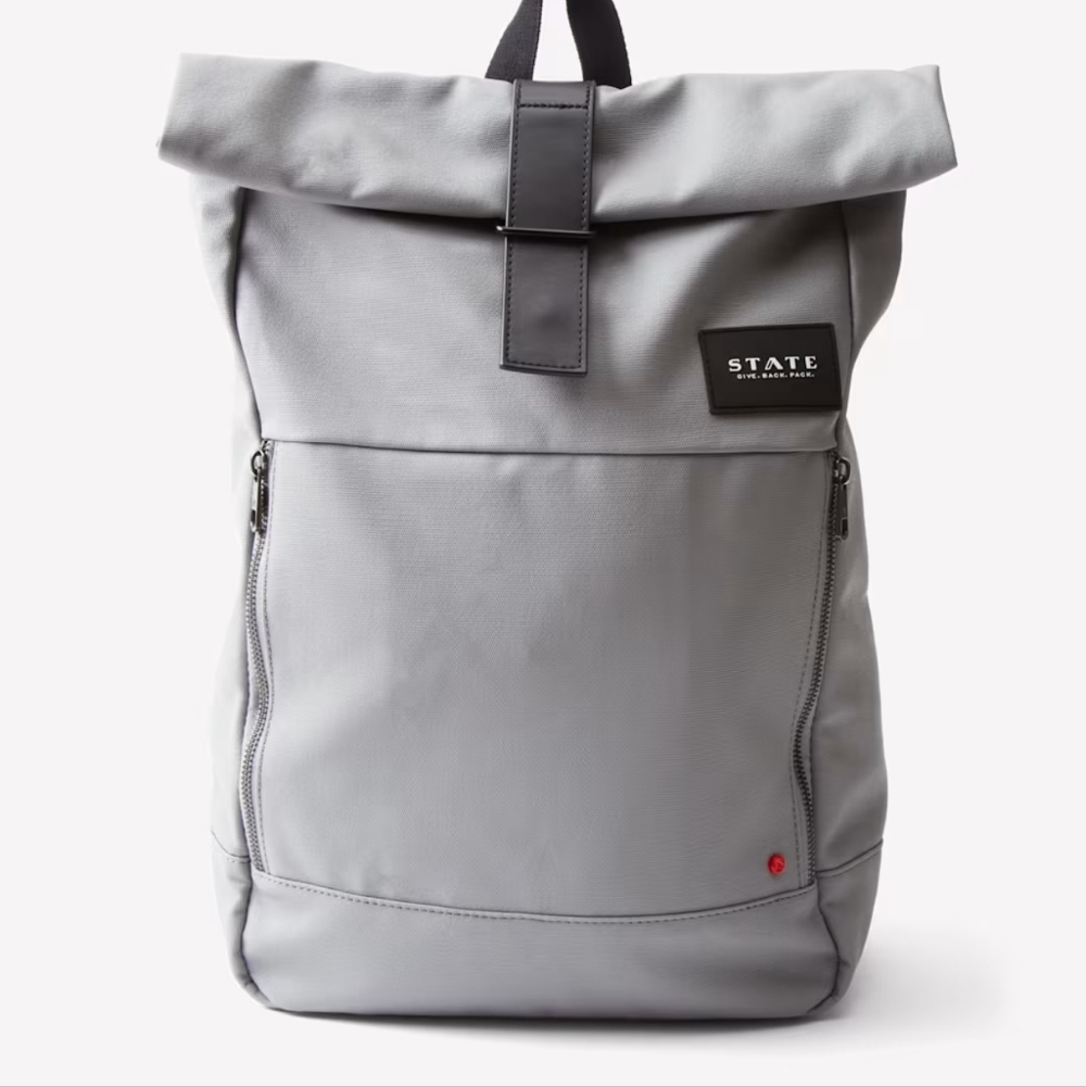 STATE Colby Backpack Rolltop Canvas Travel Bag NYC Laptop Organizer Grey